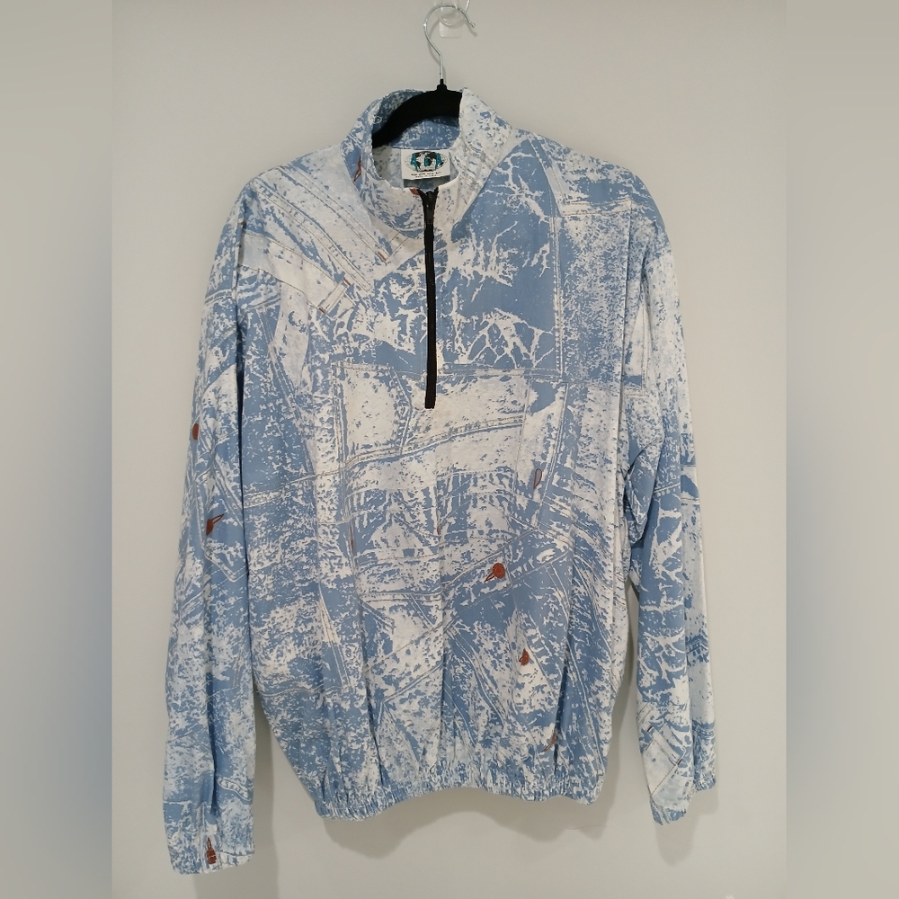 Vintage 90s Abstract Windbreaker Pullover Jacket Blue White Quarter Zip Retro L